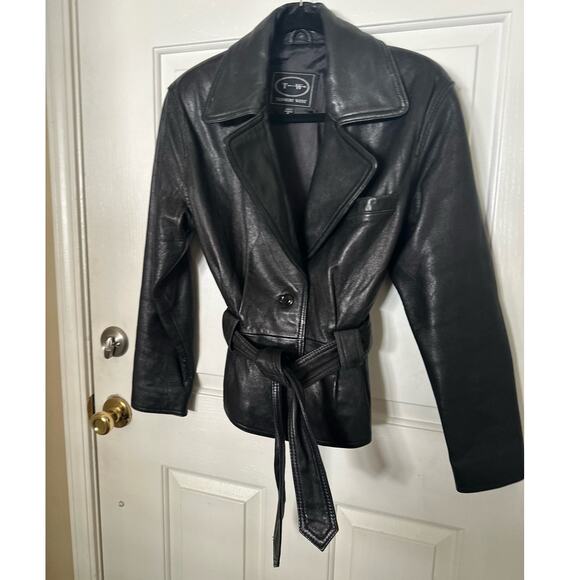 Tannery West Leather Jacket Vintage Moto Biker Belted Coat Black Women's S - Picture 3 of 8